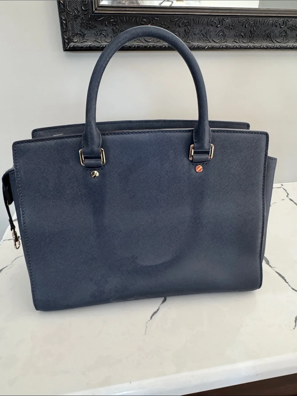 MICHAEL KORS Navy Saffiano Satchel with Gold Accents